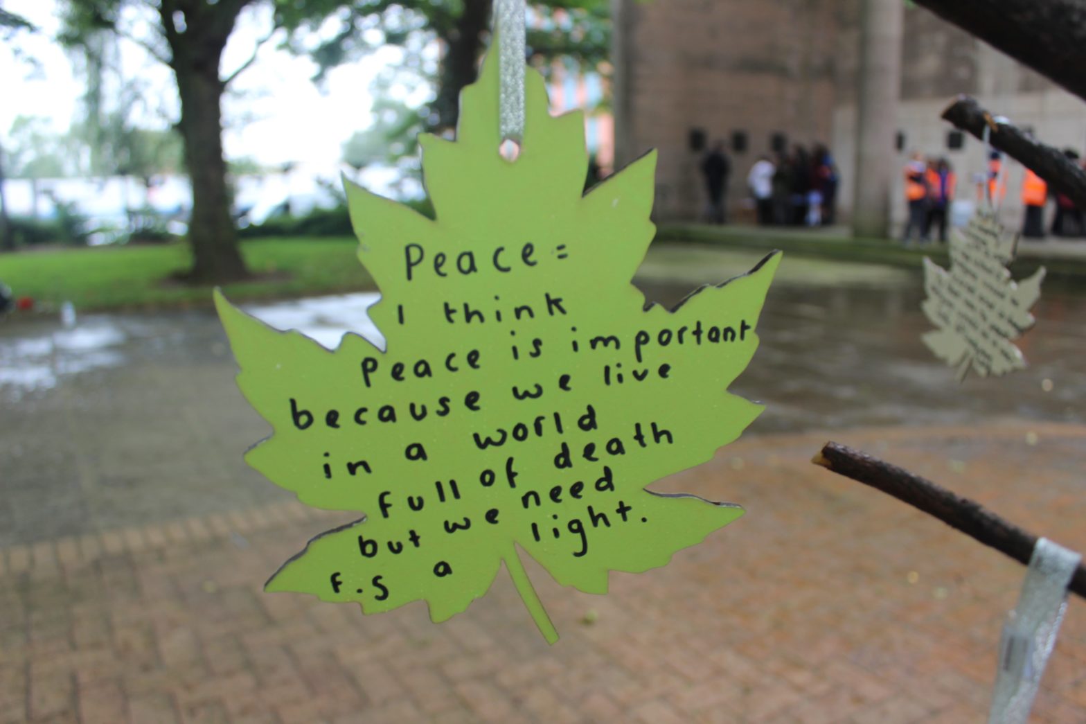 peace garden green leaf with reason for the need for peace written on