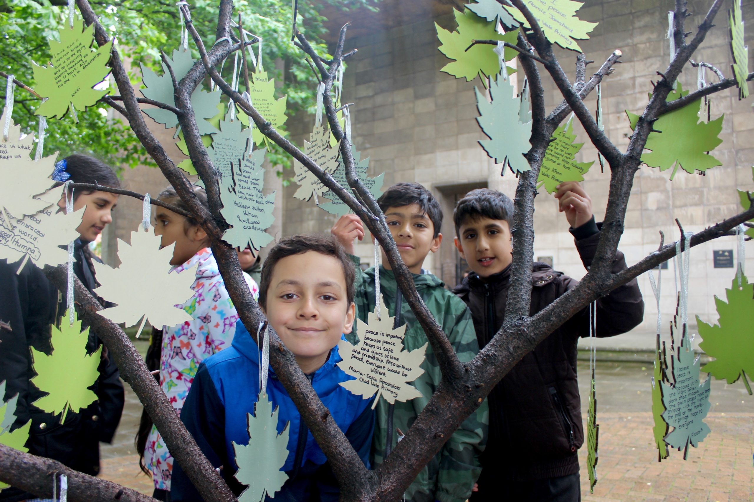 boys smiling and hanging written laser cut leaves on tree