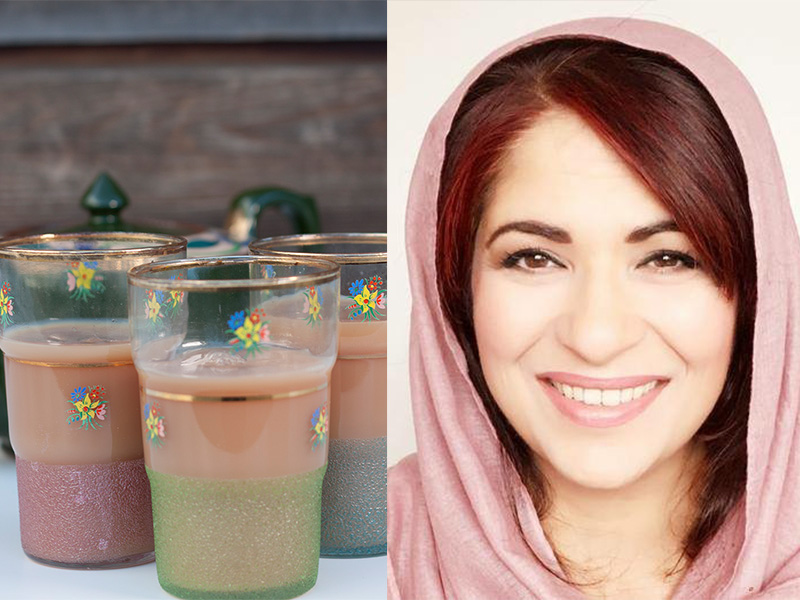 side-by-said chai glass with floral motif and a headshot of a woman smiling with a pink headscarf