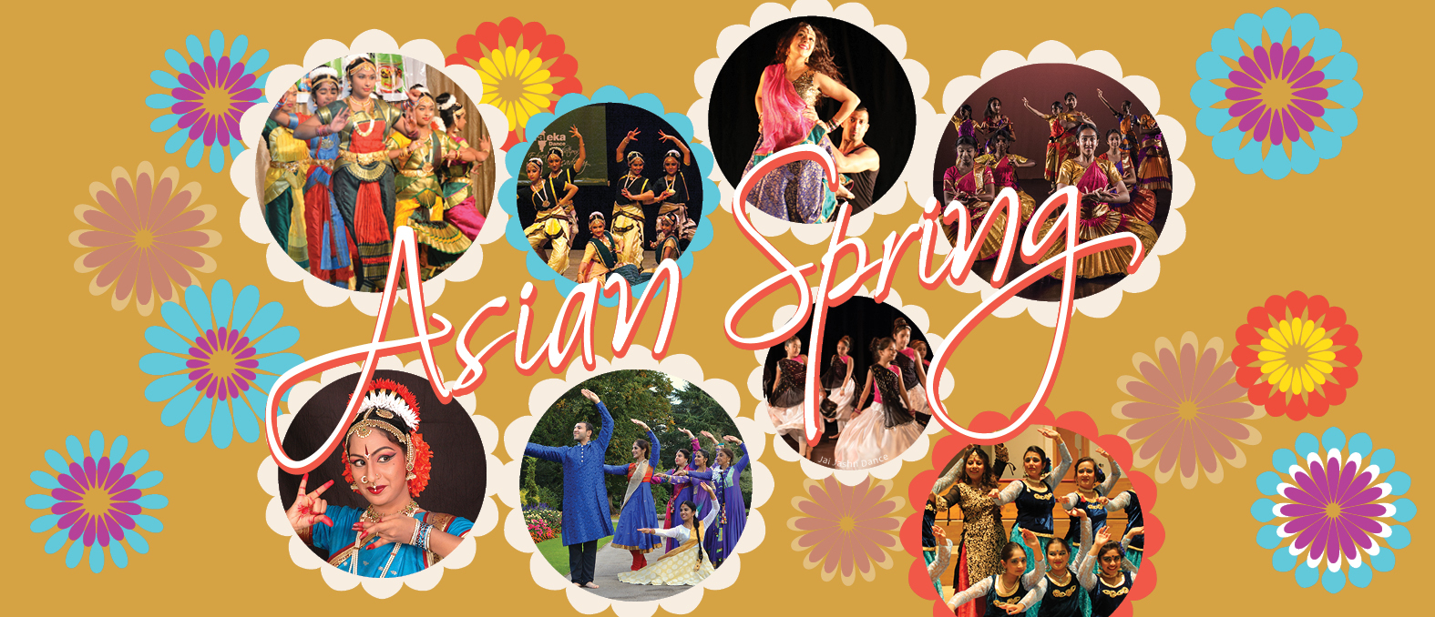 Asian Spring banner with text and floral graphic design and bubbles filled with different dance/ performing groups