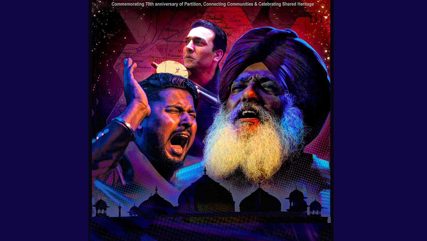 Music before borders poster with three men singing in a triangular formation
