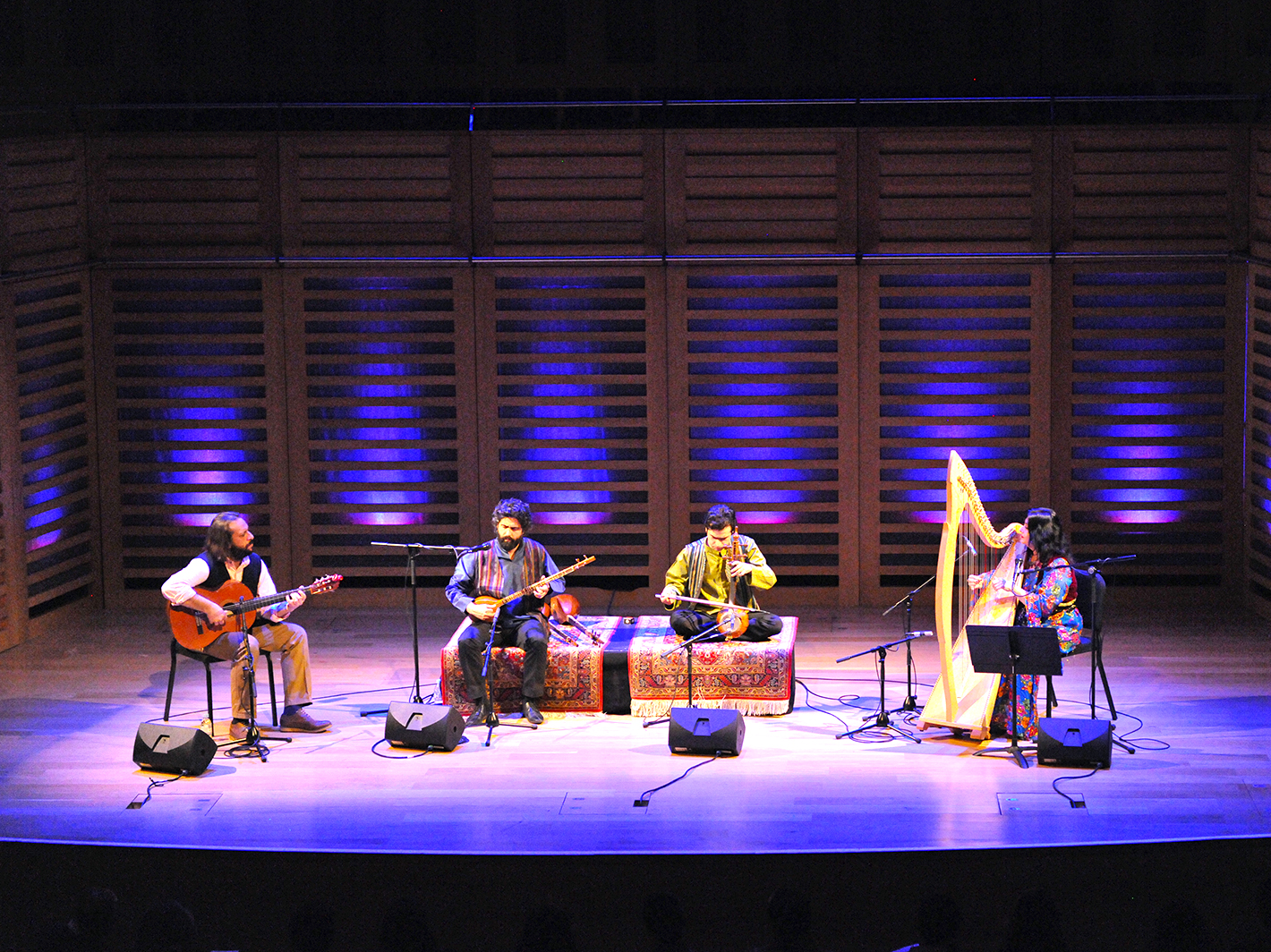 a group of musicians on a stage playing the guitar, harp and two smaller stringed regional instruments