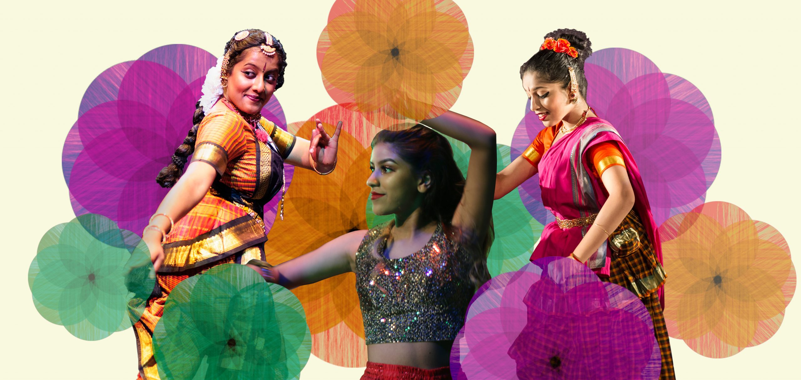 a colourful, bright floral-patterned background with three female dancers in the middle in different poses mid-dance