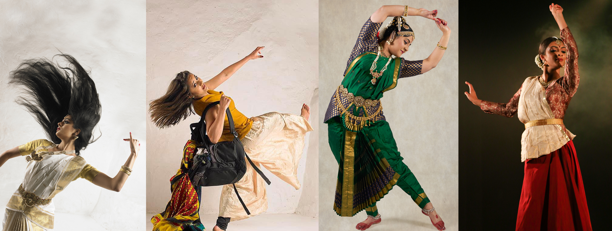 a quartet of side-by-side photos of different female Indian dancers in practice
