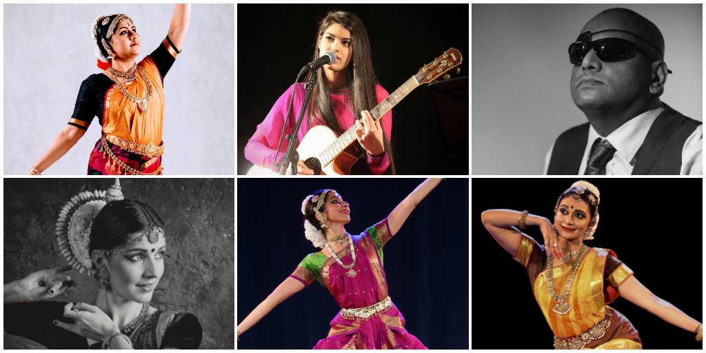 Collage of several classical Indian dance artists, and two singing and performance artist