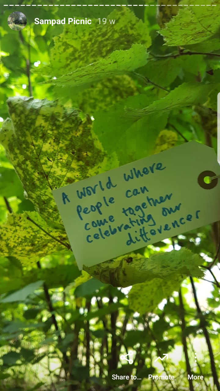 Sampad picnic Instagram story reading "a world where people can come together celebrating our differences"
