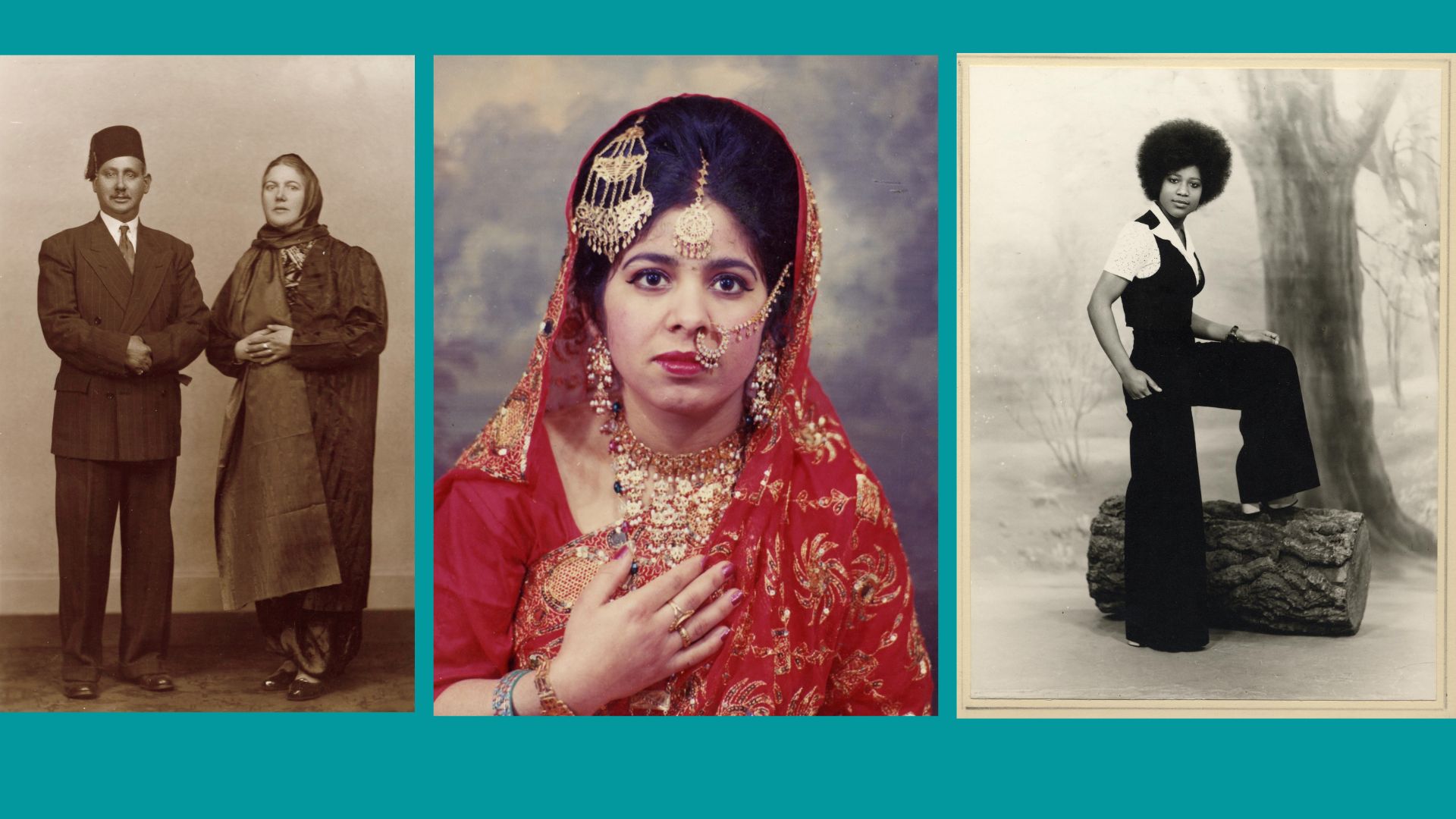 a photo of a woman in color in her wedding outfit, framed by two black and white photos of different fashion styles - images spaced out