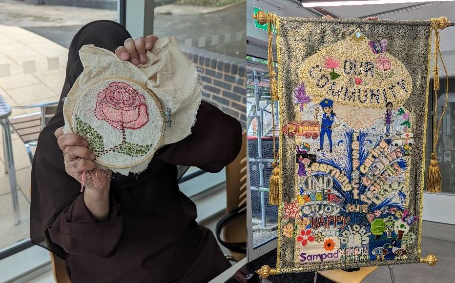 create and change embroidery work side by side