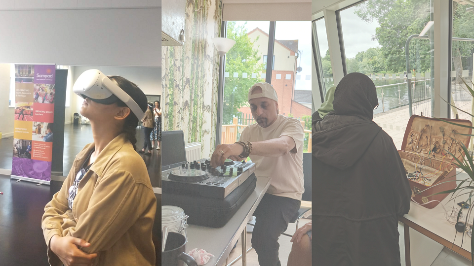 three photos i=side by side, one of a woman in a VR headset, another with a man at a DJ deck and the third is a couple of women looking at something