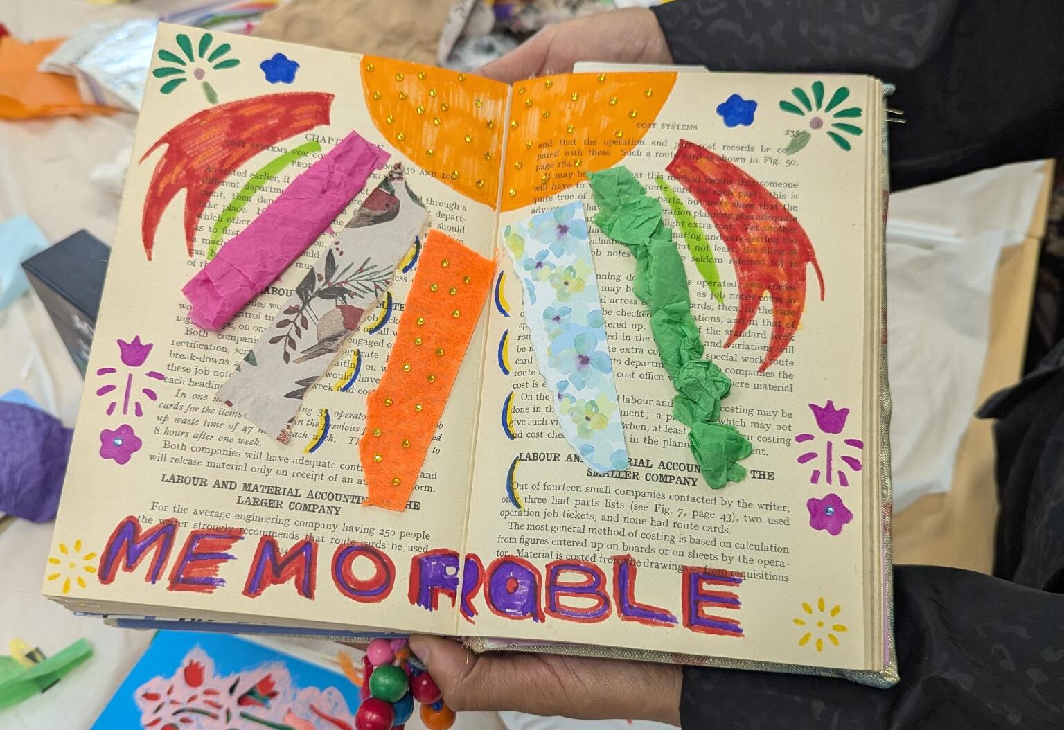 an open book decorated and bedazzled in pink, orange and green like a sun, with a title reading "memorable"