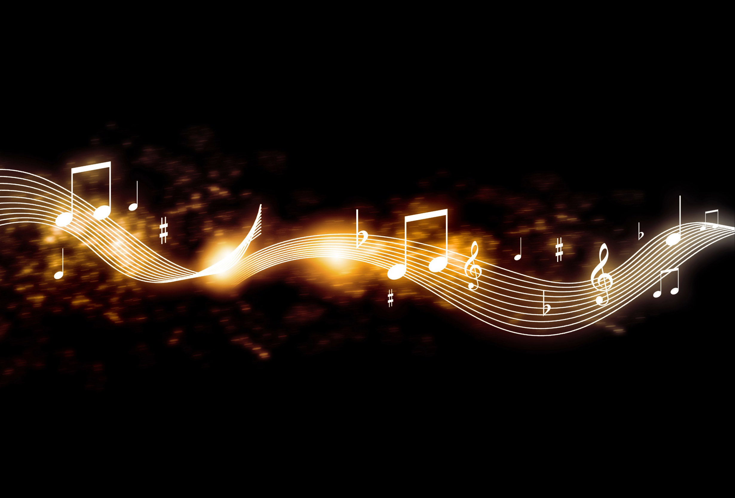 Graphic of music notes in gold on a black background