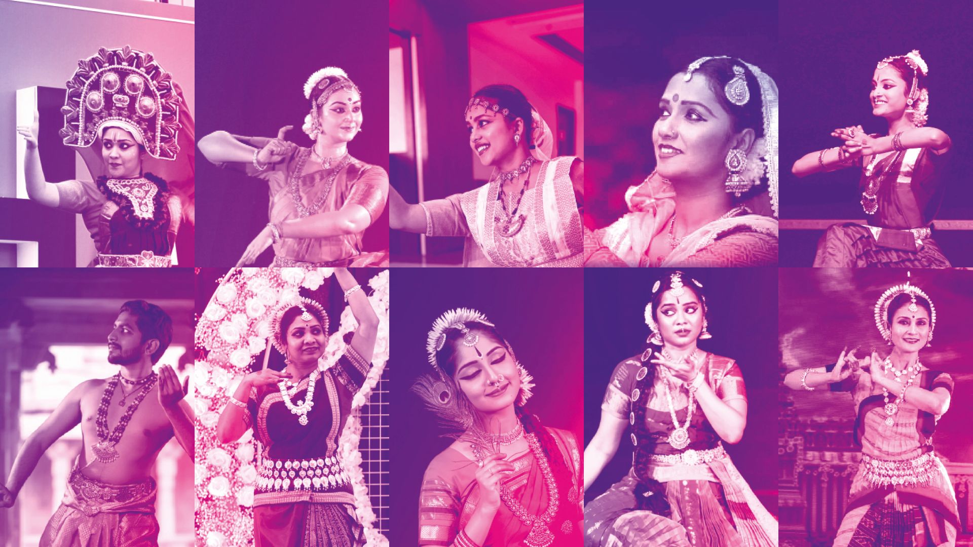 A collage with pink wash of various performers