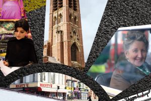 My route poster with Stratford Road, church tower, and maps