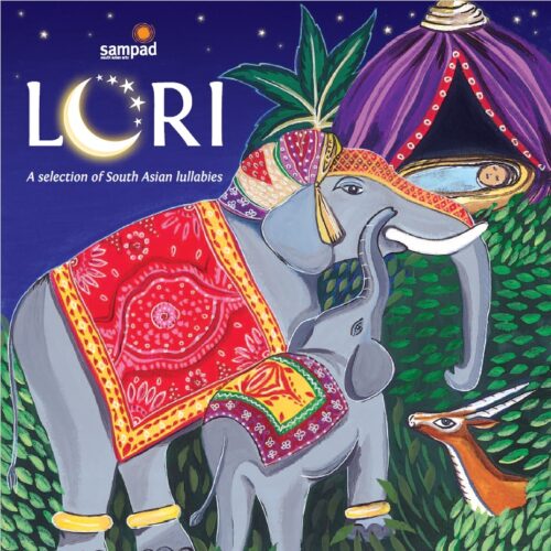 A painted book cover illustration. An ornate elephant and calf